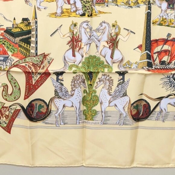 HERMES Carre 90 Scarf ""Au FIL de la SOIE"" Silk Beige Auth - Picture 3 of 13